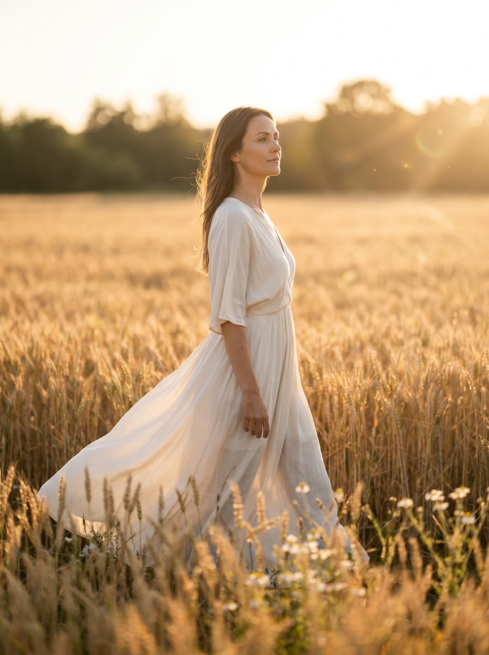 Mujer caminando en un campo de trigo al atardecer, representando la calma y el proceso de autoconocimiento en terapia individual en Alma Psicología Almería