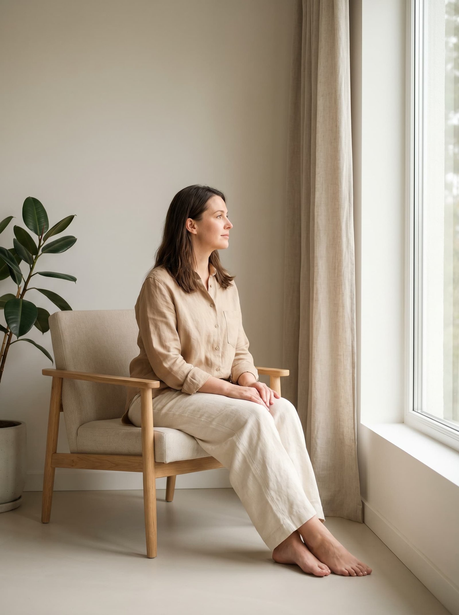 Mujer sentada junto a una ventana en un espacio tranquilo, reflexionando, representando el proceso de autodescubrimiento en terapia individual en Alma Psicología Almería