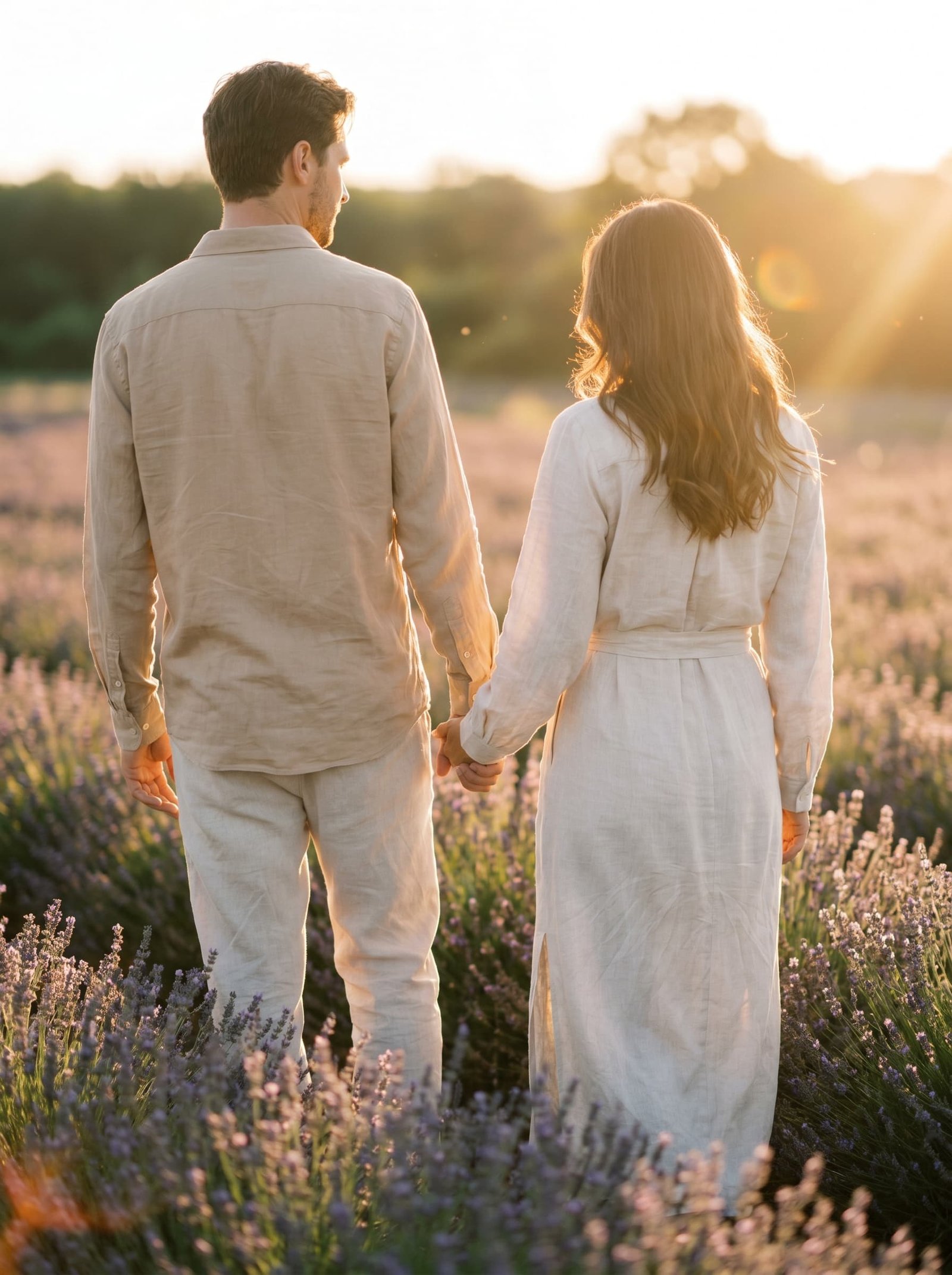 Pareja caminando junta por un campo de lavanda al atardecer, representando la conexión y el acompañamiento en terapia de pareja en Alma Psicología Almería