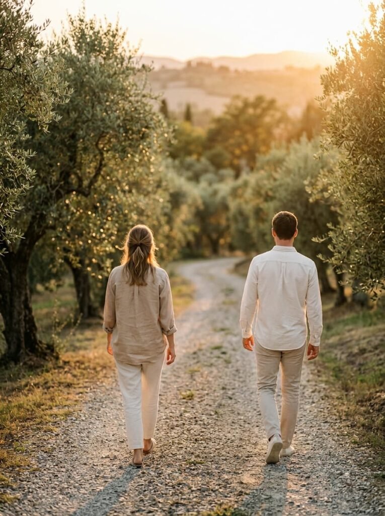 Dos personas caminando con distancia entre ellas por un paisaje mediterráneo, representando la desconexión y tensión relacional asociada al apego ansioso