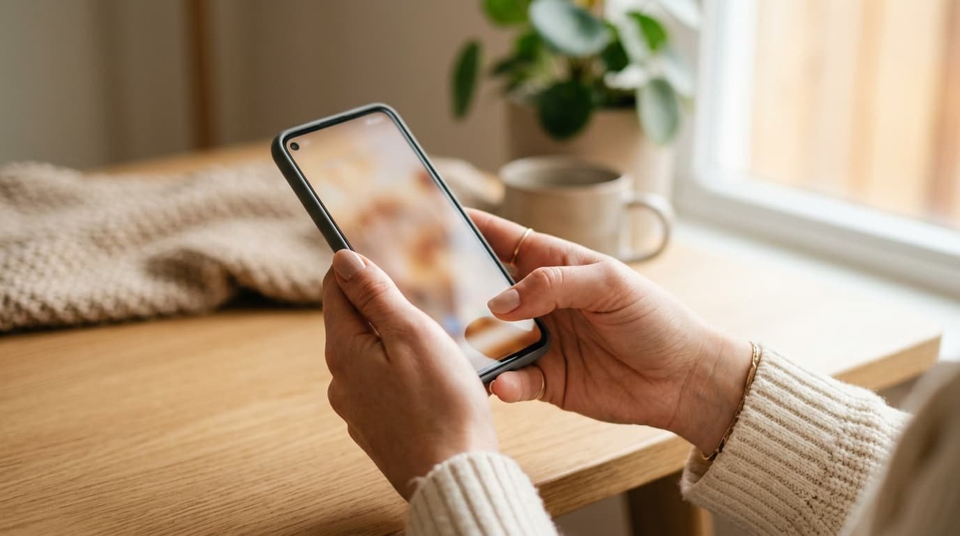 Manos sosteniendo un teléfono móvil, representando la hipervigilancia y la espera ansiosa característica de la dependencia emocional en la pareja