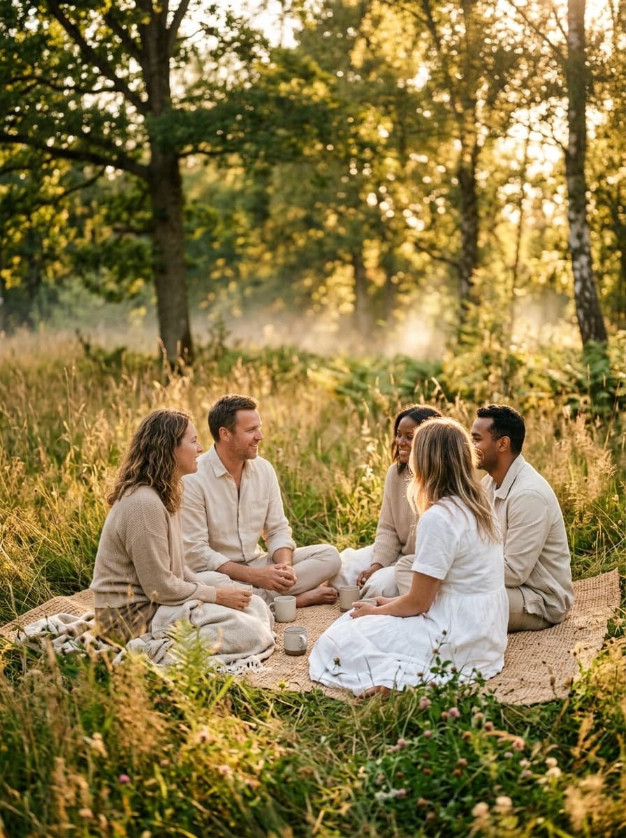 Grupo de personas reunidas en círculo al aire libre, representando el encuentro y aprendizaje compartido en los talleres grupales de Alma Psicología Almería